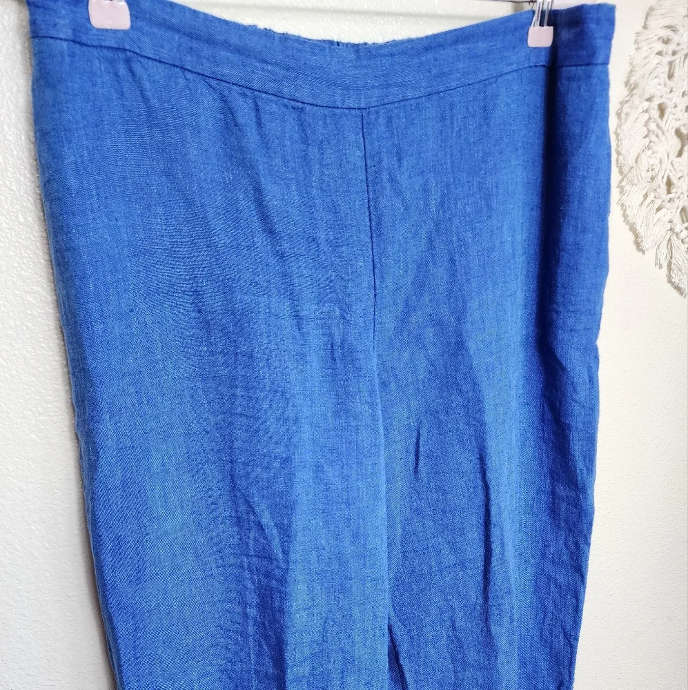 Chico's Linen Button Hem Crop Pants Women's 2 Blue Pull On Relaxed Fit W…